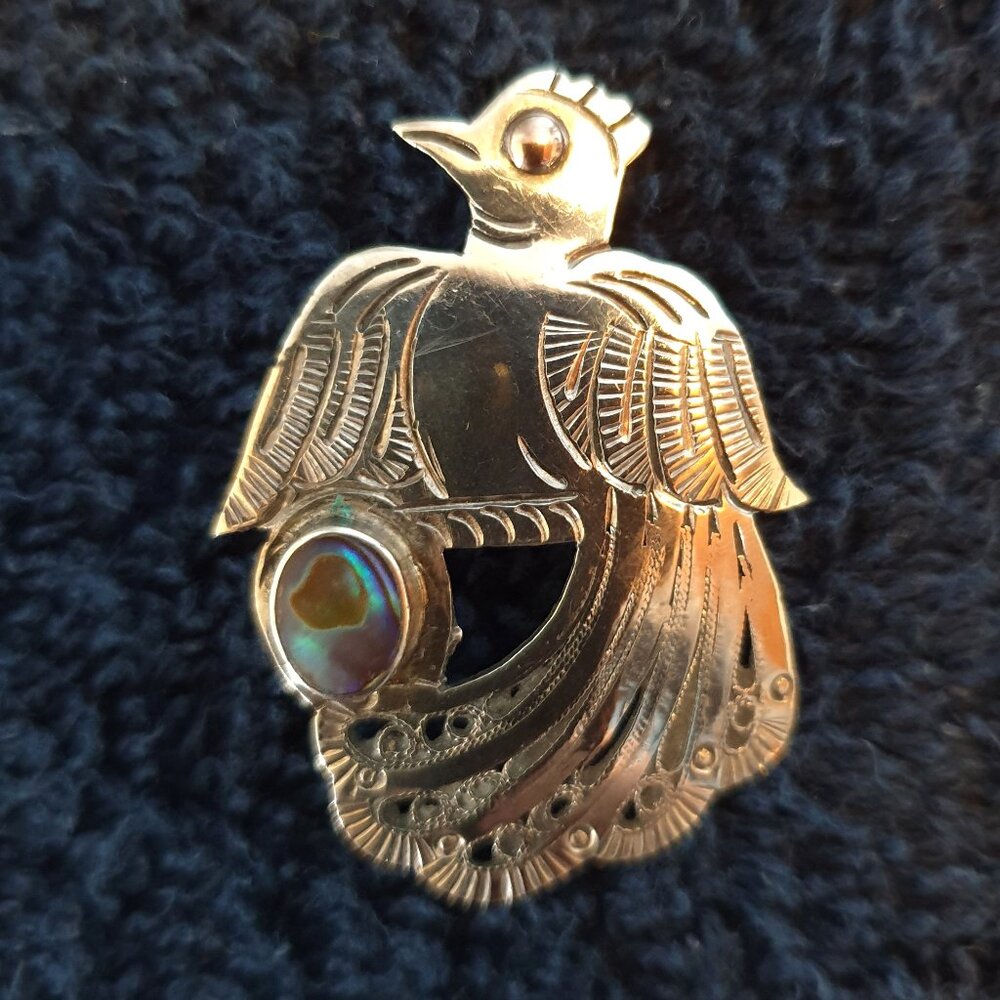 Pretty Vintage 925 Sterling Silver Abalone Peacock Brooch